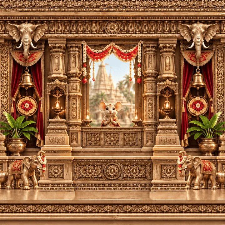 3D Ganesh Mandap Design with Decorative Temple Frame