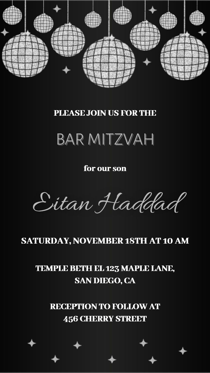 Glamorous Bat Mitzvah Party Invitation with Disco Ball Theme