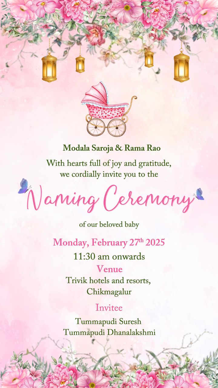 Naming Ceremony Invitation Card In Baby Pink Theme