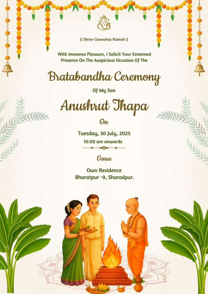 Bratbandha Ceremony Invitation in English elegant look