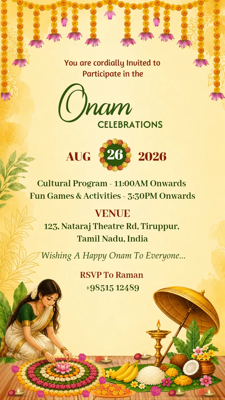 Onam Festival Invitation Card with Pookalam Kerala Festive