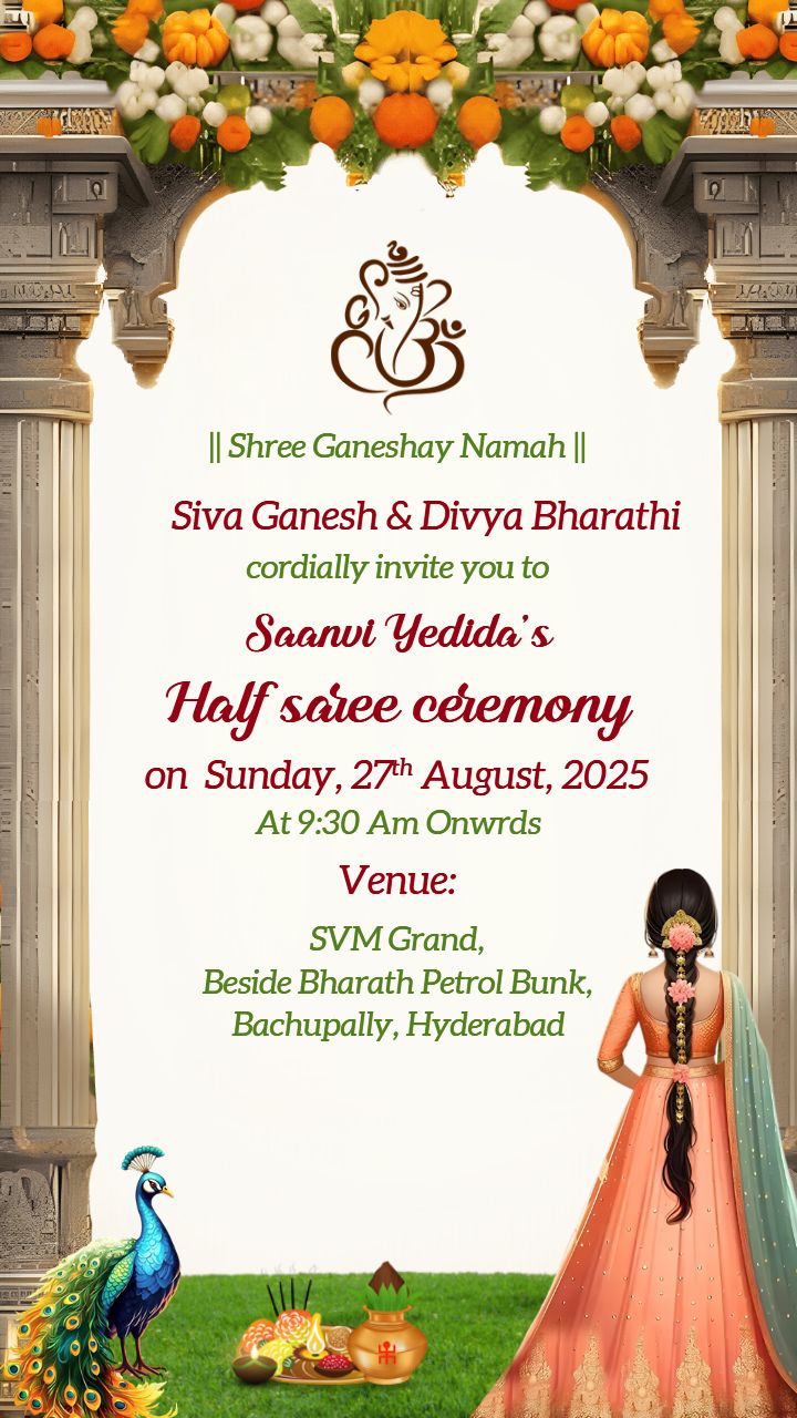 Half Saree Ceremony Invitation with Peacock Artwork