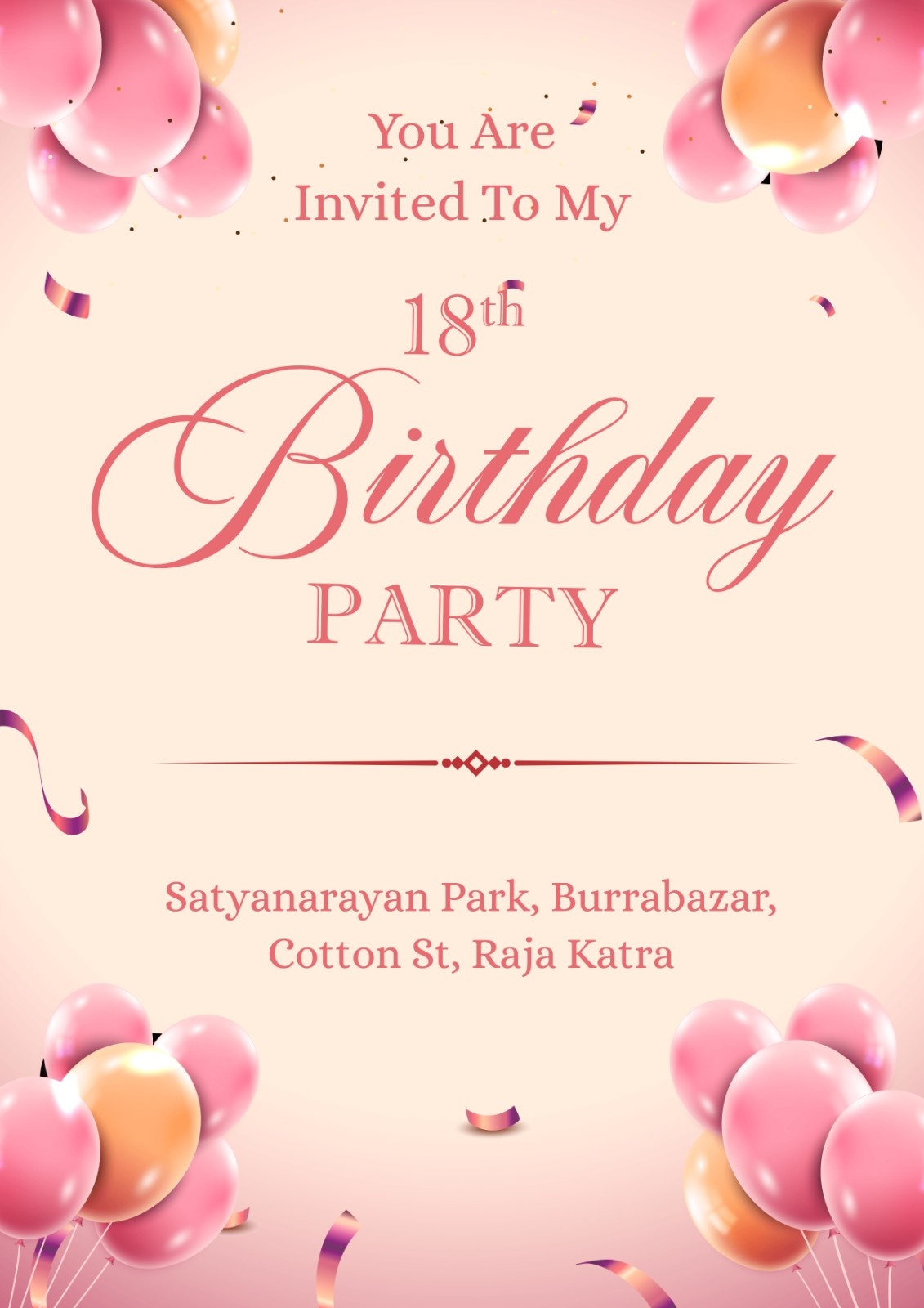 Pink 18th Birthday Invitation Card with Balloon Theme