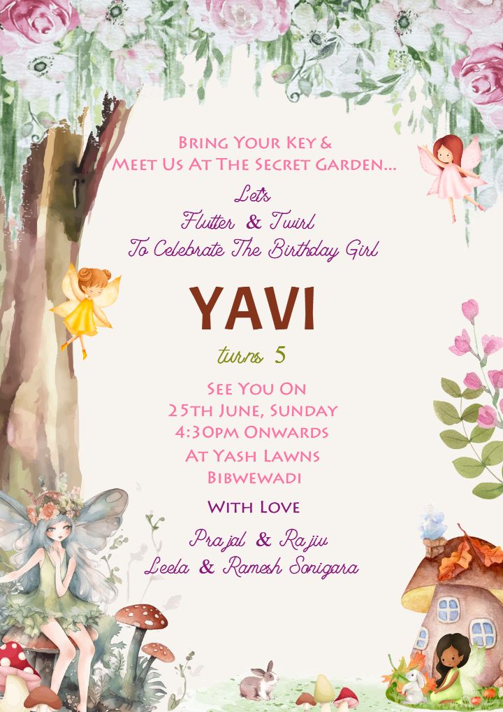 Fairy Garden 5th Birthday Invitation Card for Girls
