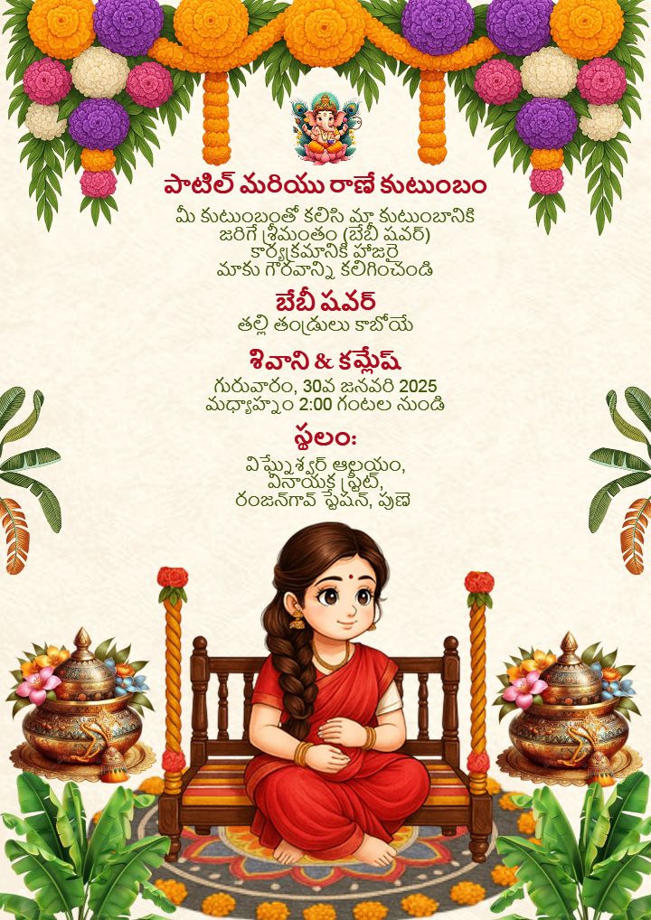 Cultural Baby Shower Invitation Card In Telugu Style