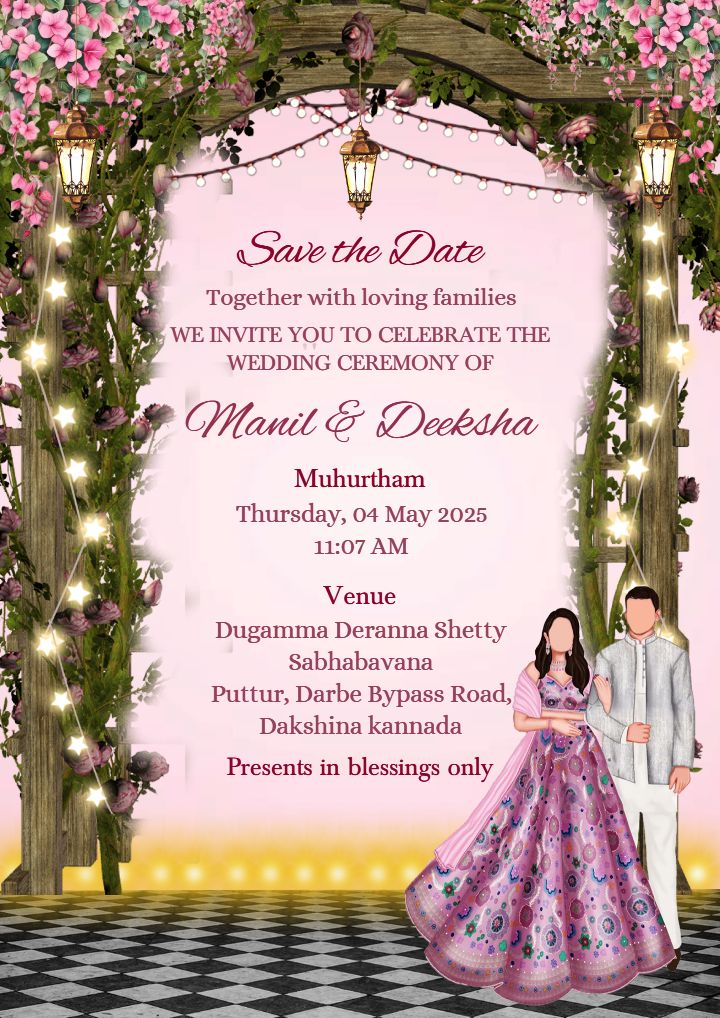 Save The Date Wedding Invitation Card With Pink Floral Art