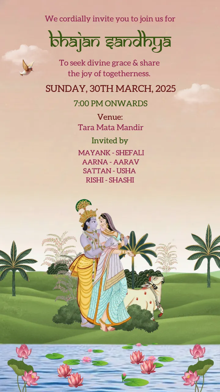 Radhe Krishna Bhajan Sandhya Invitation Card for Lotus Theme