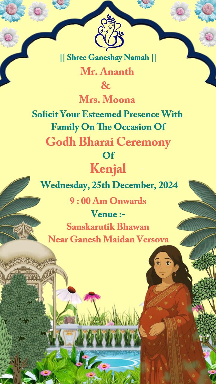 Godh Bharai Ceremony Card In English With Temple Garden