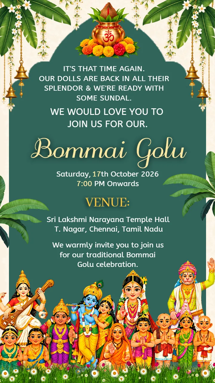Bommai Golu Invitation Template with Kalash and Floral Decor
