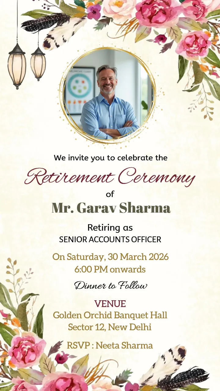 Retirement Invitation Card in English with Floral Art
