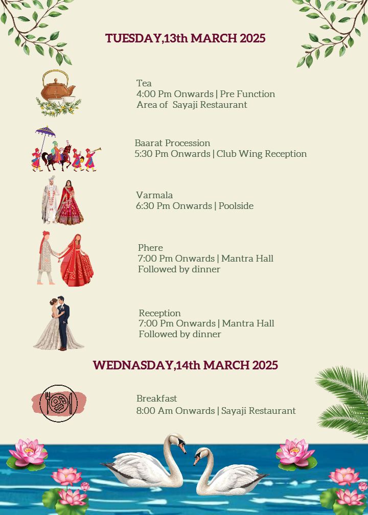Royal Wedding Itinerary Template with Peacock and Swan Art