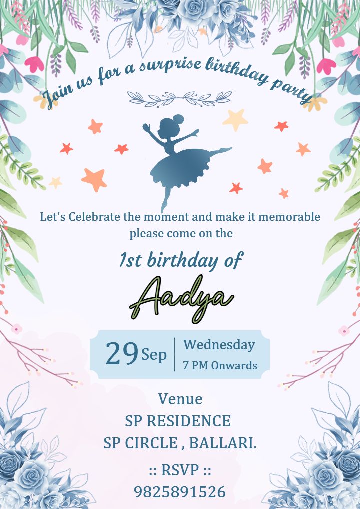 Elegant Online 1st Birthday Invitation Party for Girls