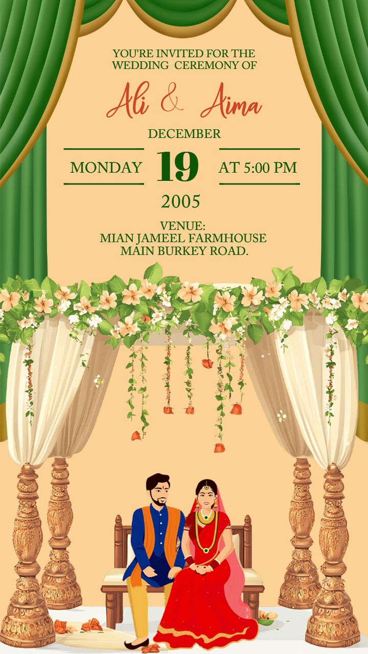 Green and Red Wedding Invitation with Mandap Design