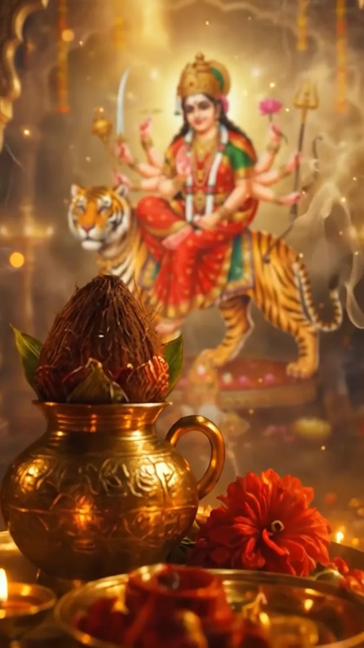 3D Mata Ki Chowki Invitation with Maa Durga and Golden Diyas