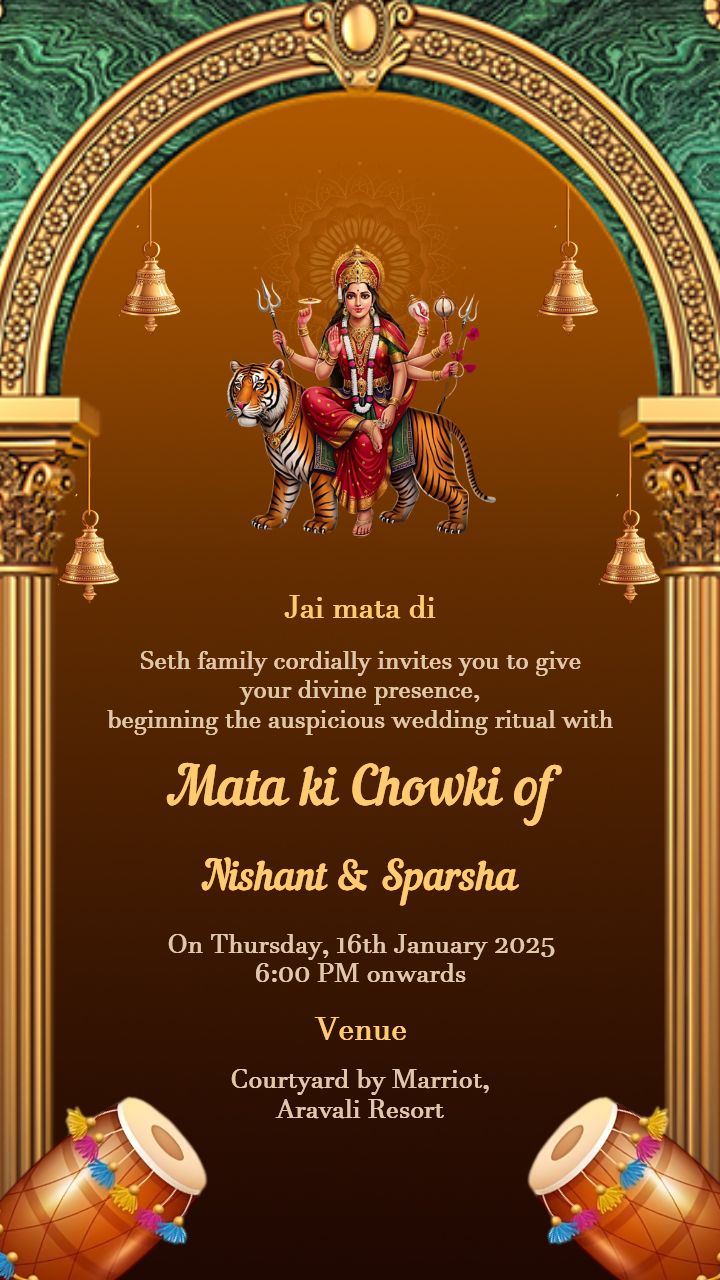 Invitation Card for Mata Ki Chowki in Maroon and Gold