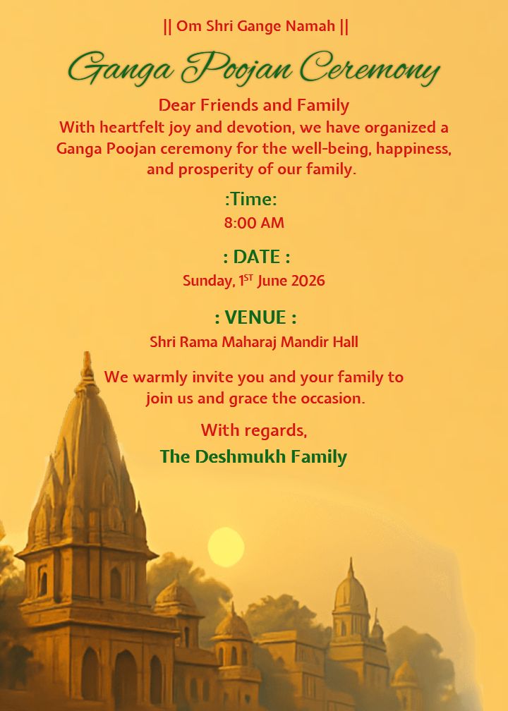 Ganga Pujan Ceremony Invitation in English Language