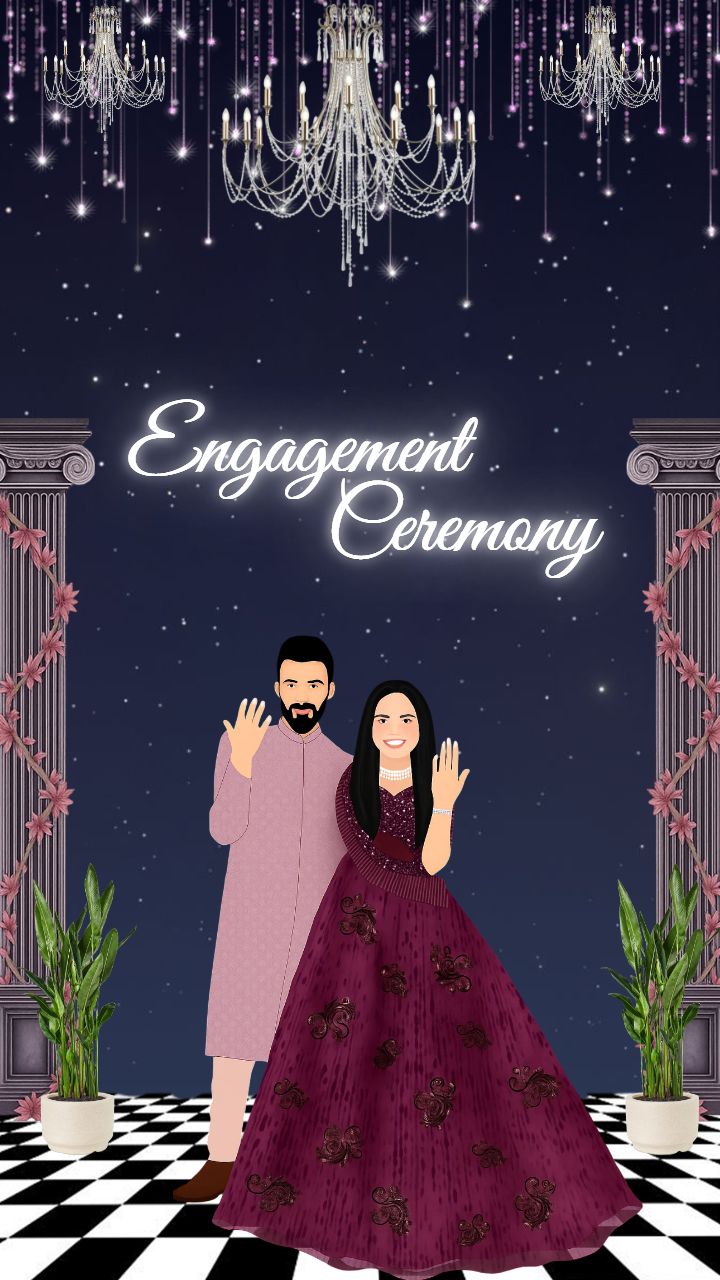 Beautiful Blue Engagement Invitation Card with Hanging Lanterns and Art Couple