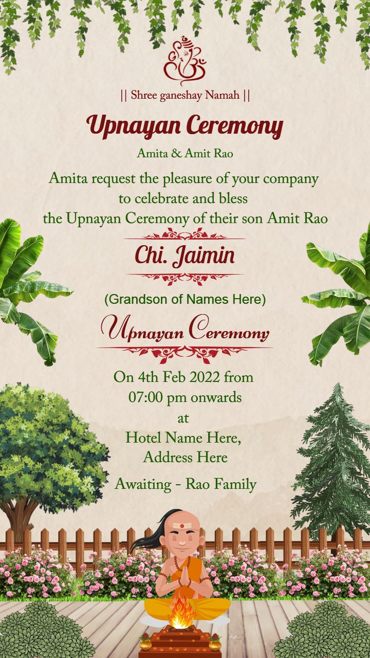 Upanayan ceremony invitation in english with ganapati