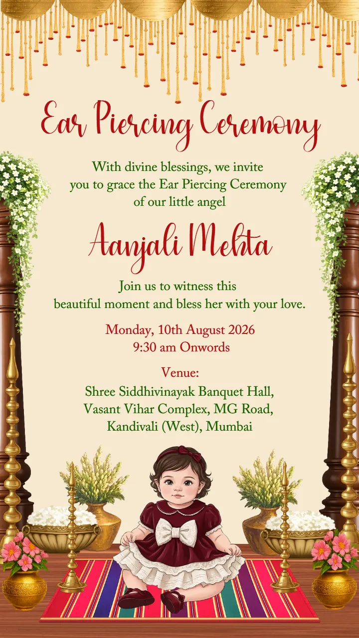 Royal Ear Piercing Invitation in Gujarati with Golden Decor