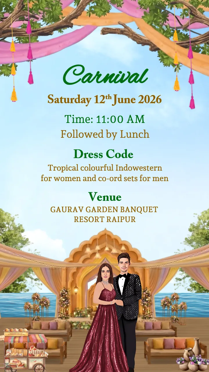 Wedding Carnival Invitation Card with Couple Caricature