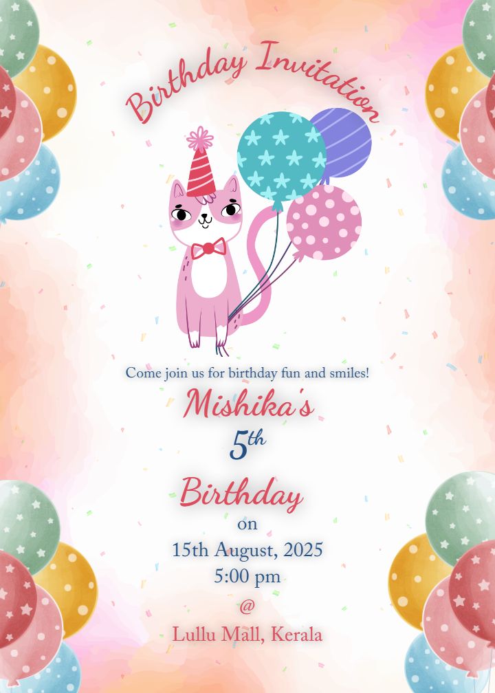 Cute Cat Theme 5 Birthday Invitation Card for Girl Party