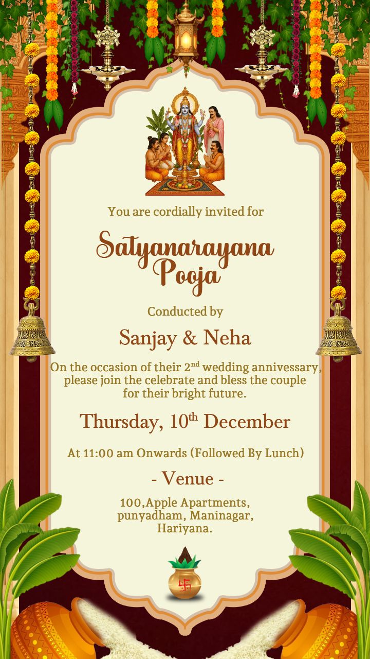 Satyanarayan Puja Digital Card with Kalash and Swastik Theme