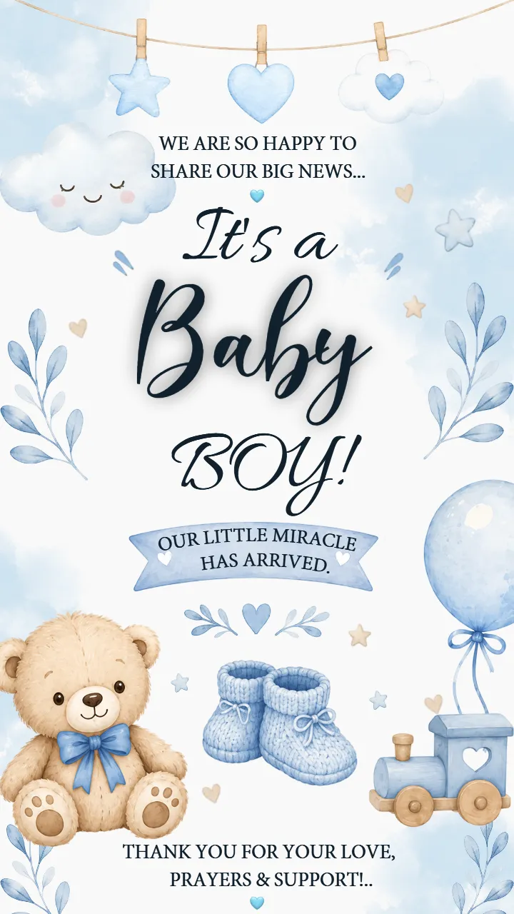 Baby Boy Gender Reveal Announcement with Teddy Theme