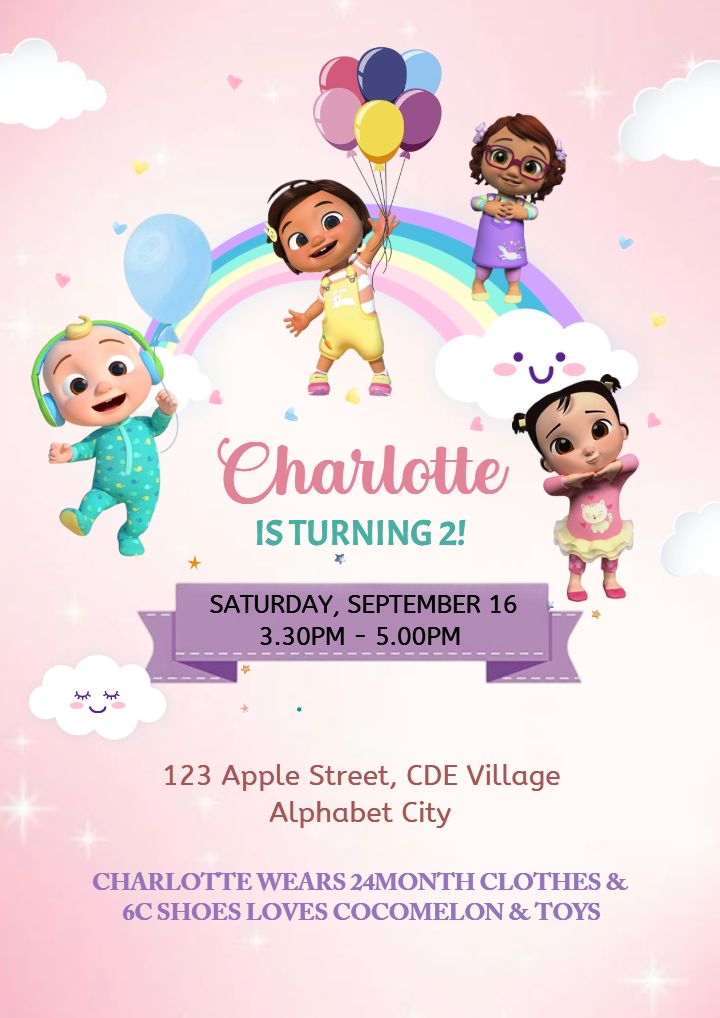 Fun and Colorful 2nd Year Birthday Invitation Card for Girls