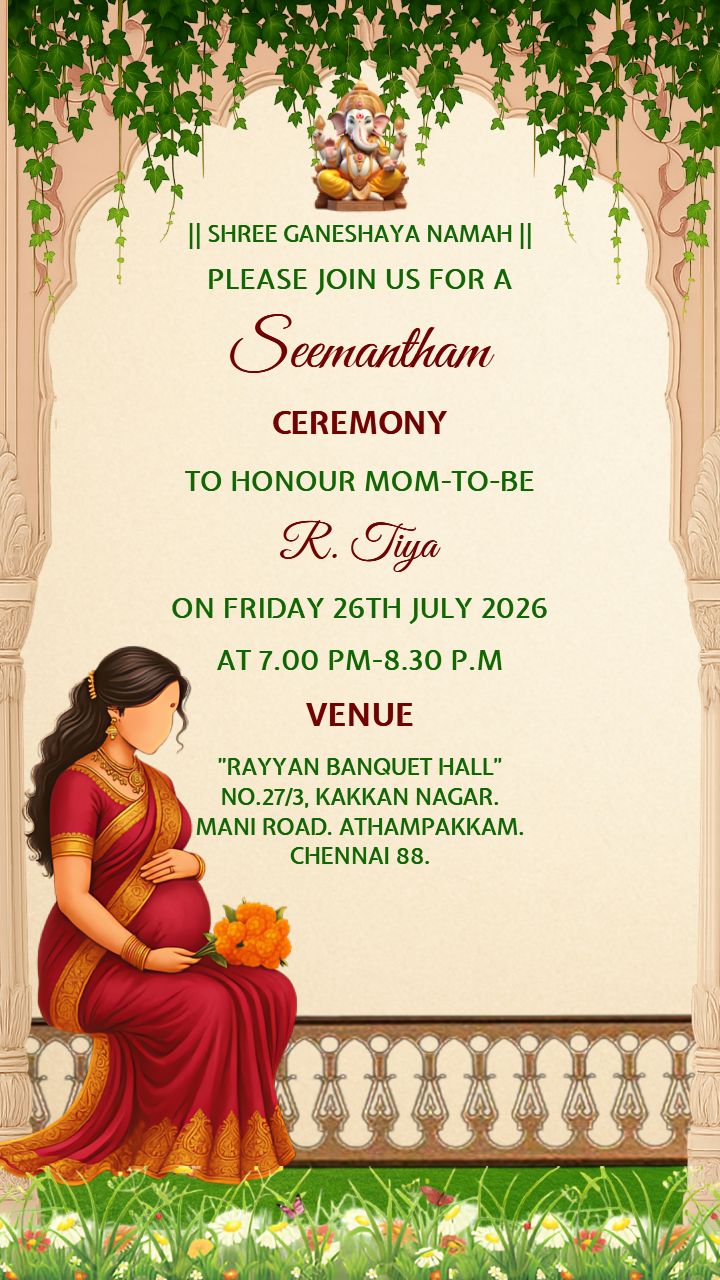 Seemantham Invitation Card in English with Floral Art
