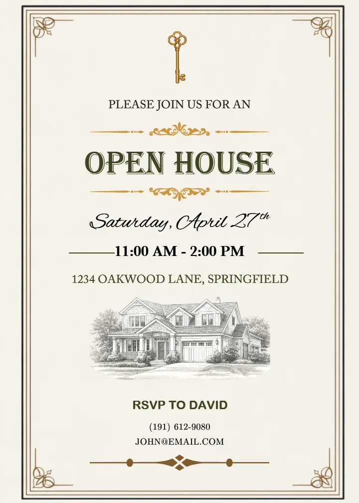 Open House Invitation Card with House Sketch