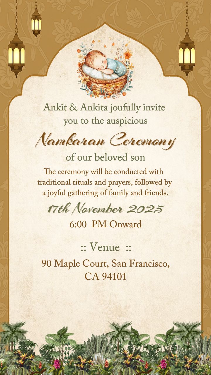 Namkaran Invitation Card With Baby In Floral Basket