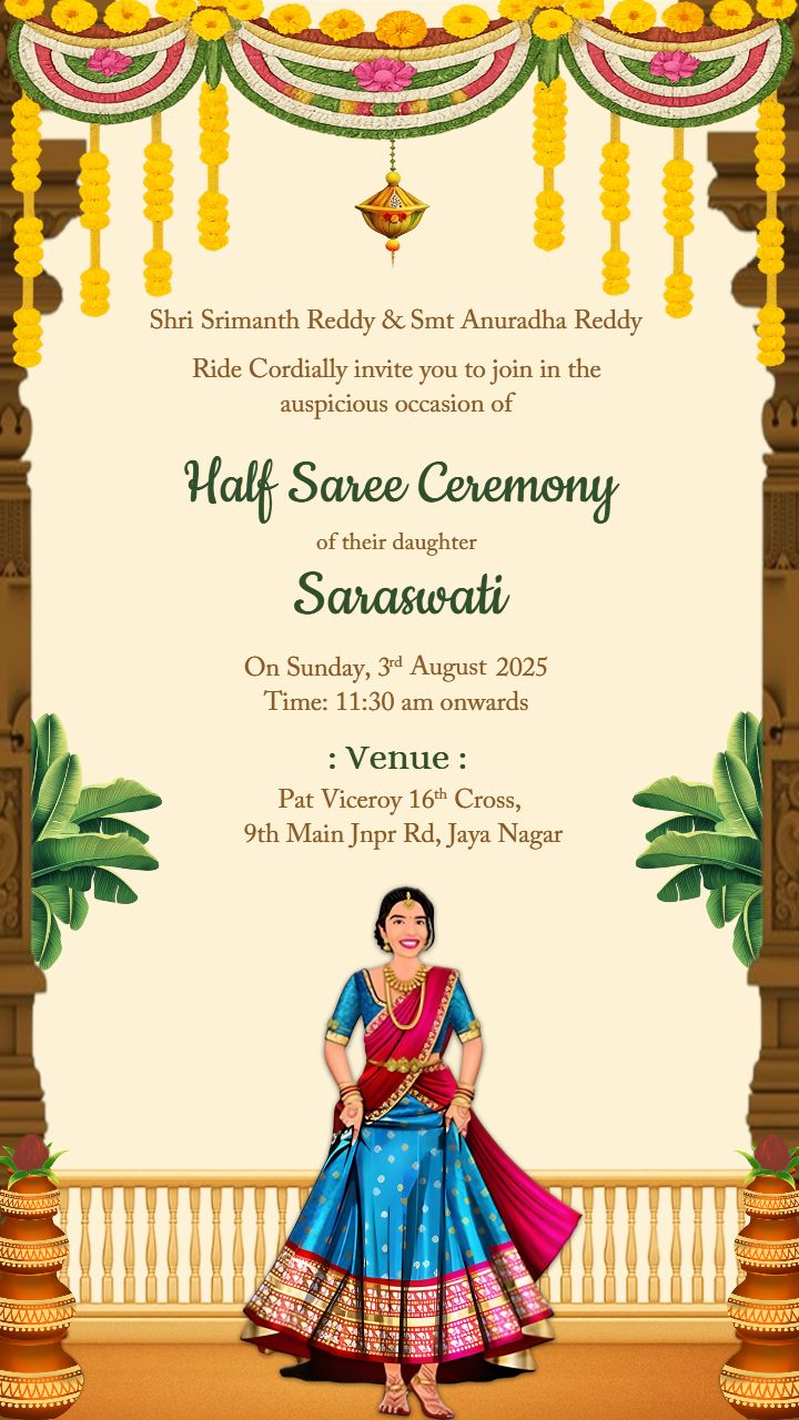 Half Saree Ceremony Invitation with Traditional Steps