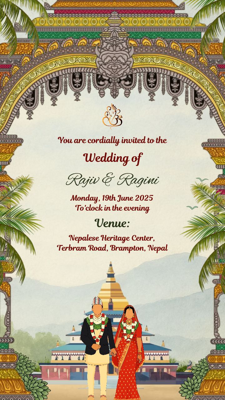 Nepali Wedding Card Template with Heritage Temple Design