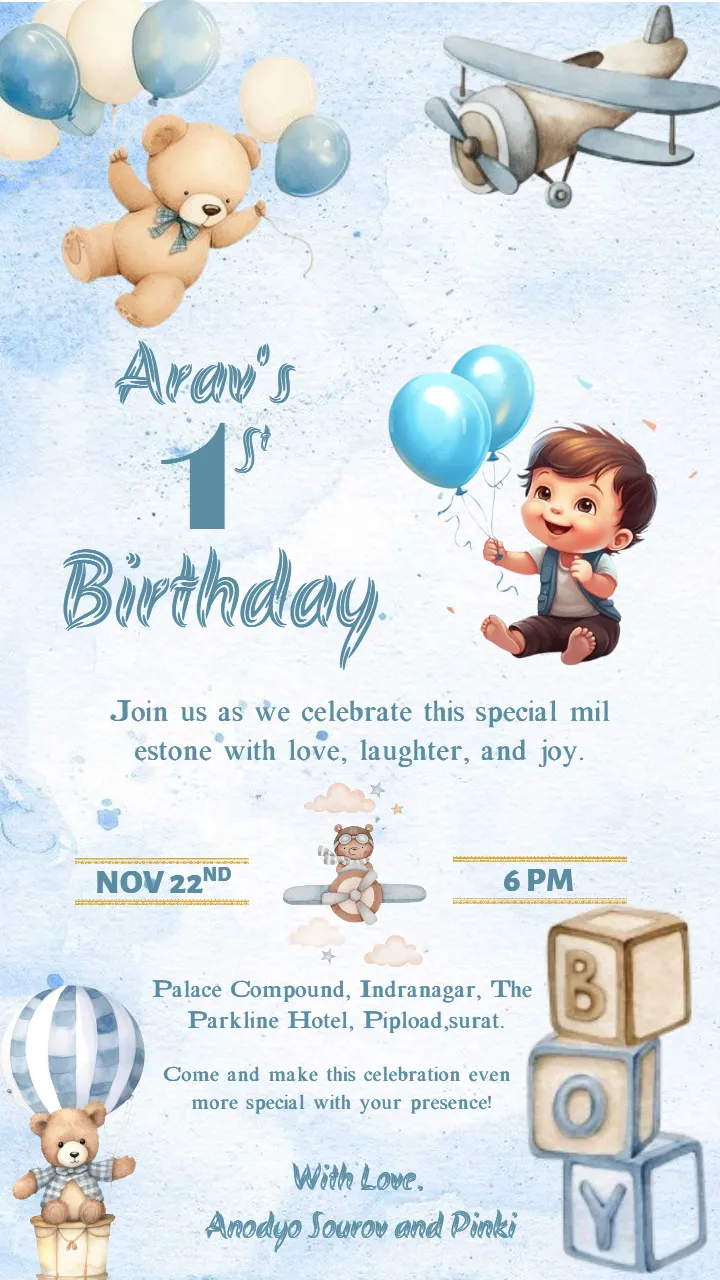 Baby First Birthday Invitation Template in Blue Color