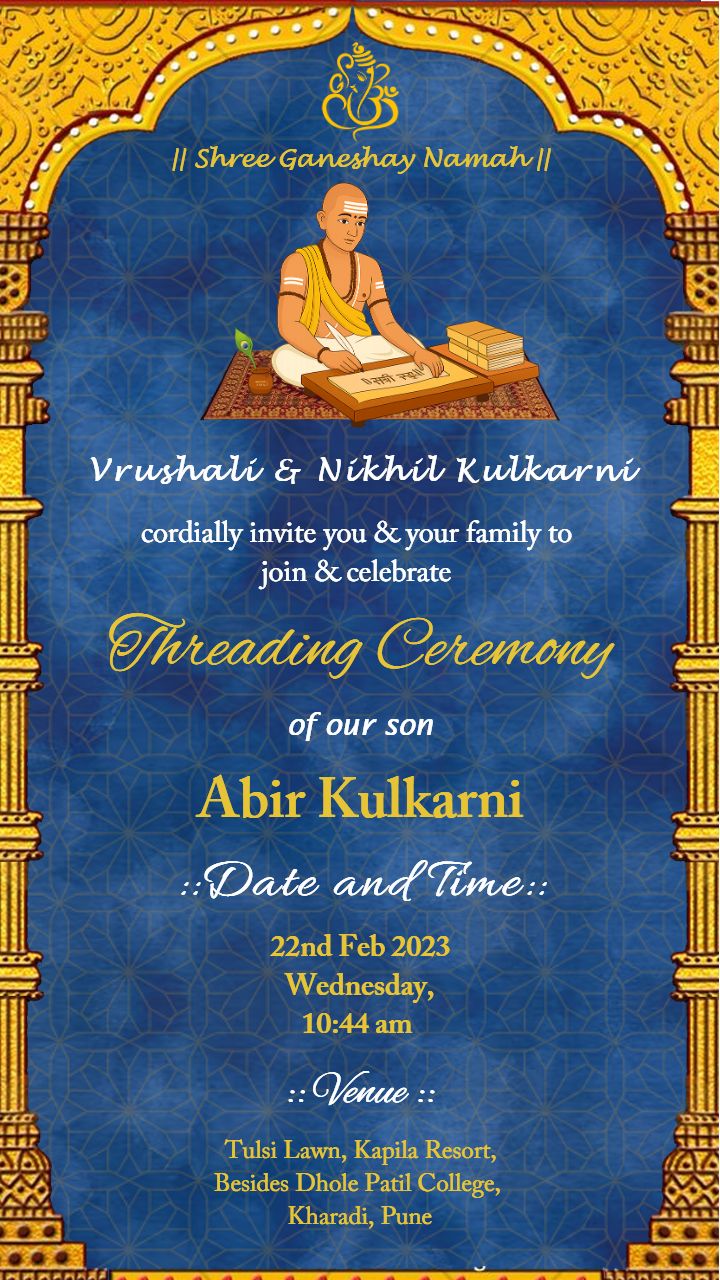 Threading Ceremony invitation  in English blue and gold