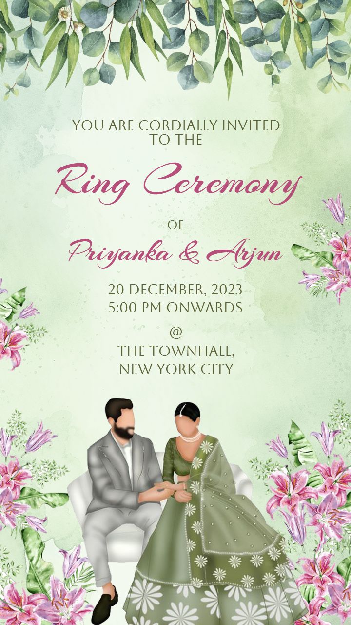 Pastel Green Ring Ceremony Invite with Pink Lilies