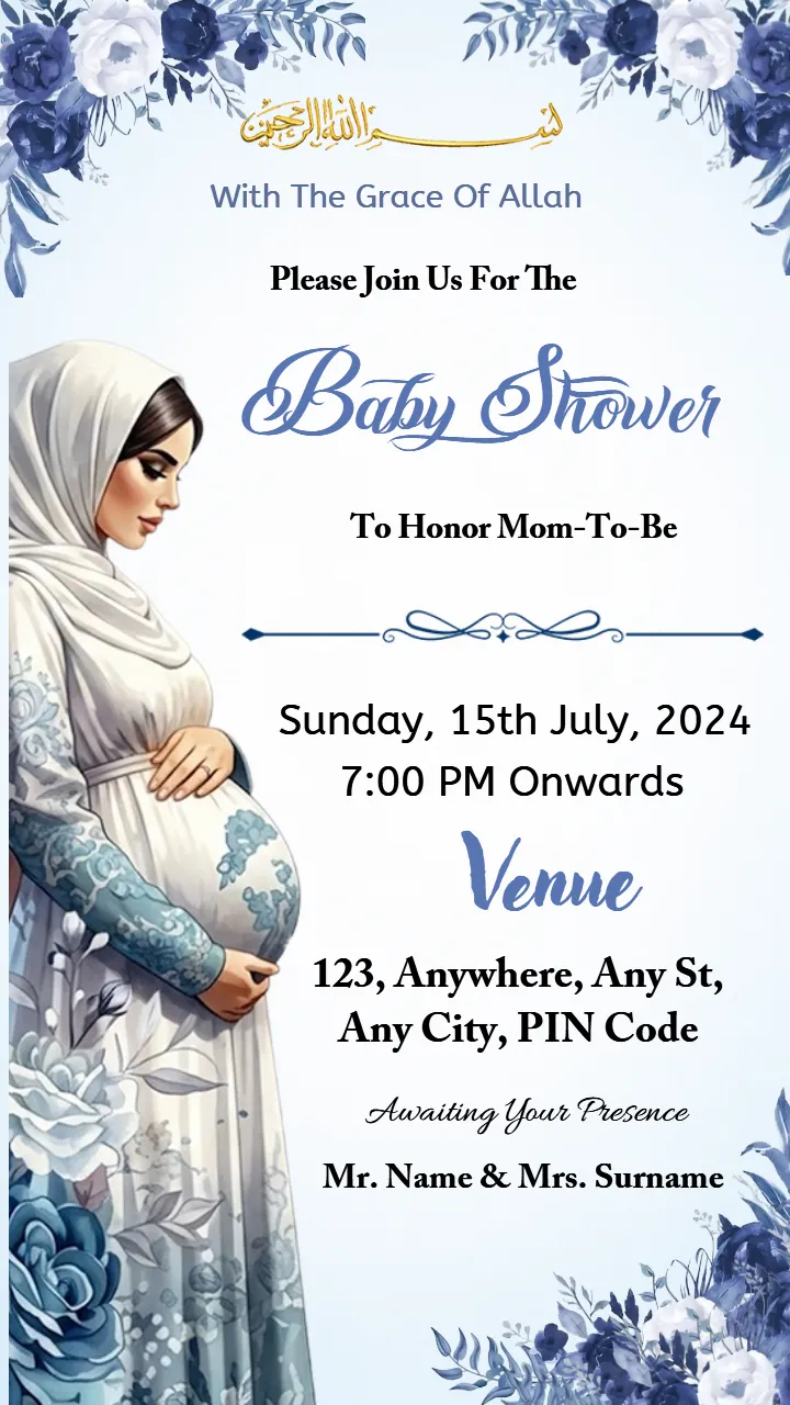 Islamic Baby Shower Invitation Card with Blue Floral Theme