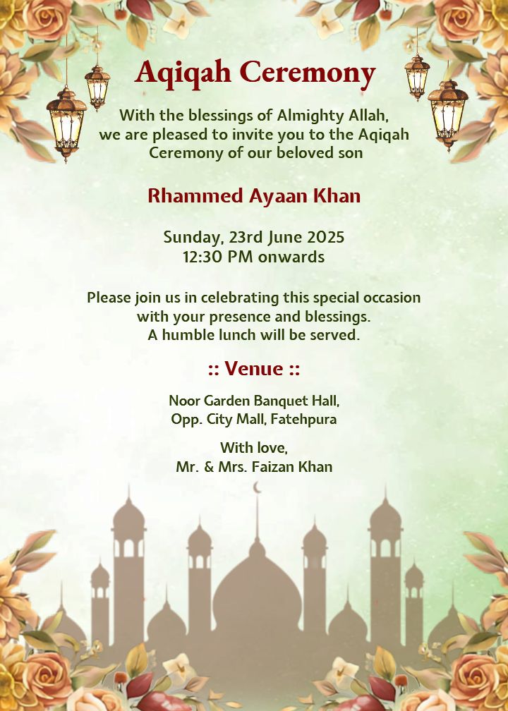Aqeeqah Invitation Card with Floral Pink Border Design