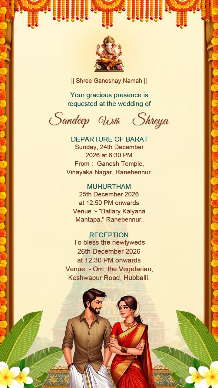 South Indian Wedding Invitation Card with Reception Details