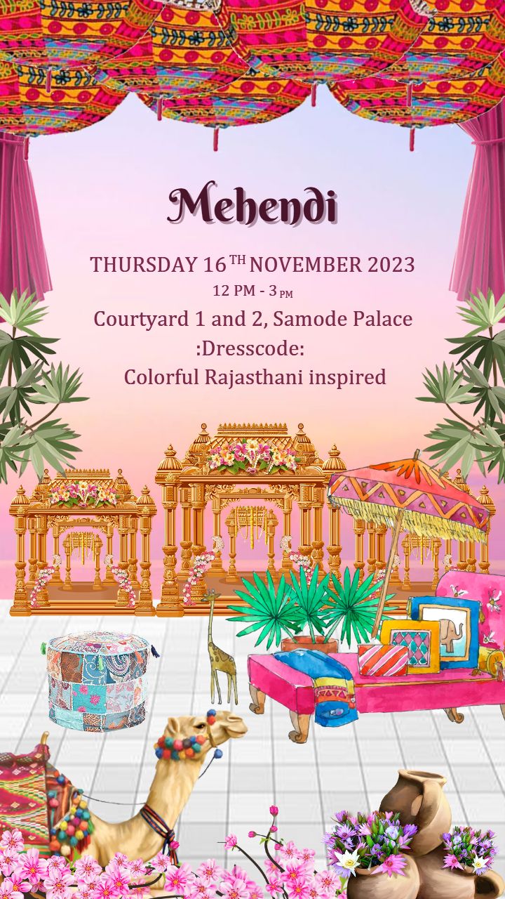 Colorful mehndi ceremony invitation with Rajasthani touch