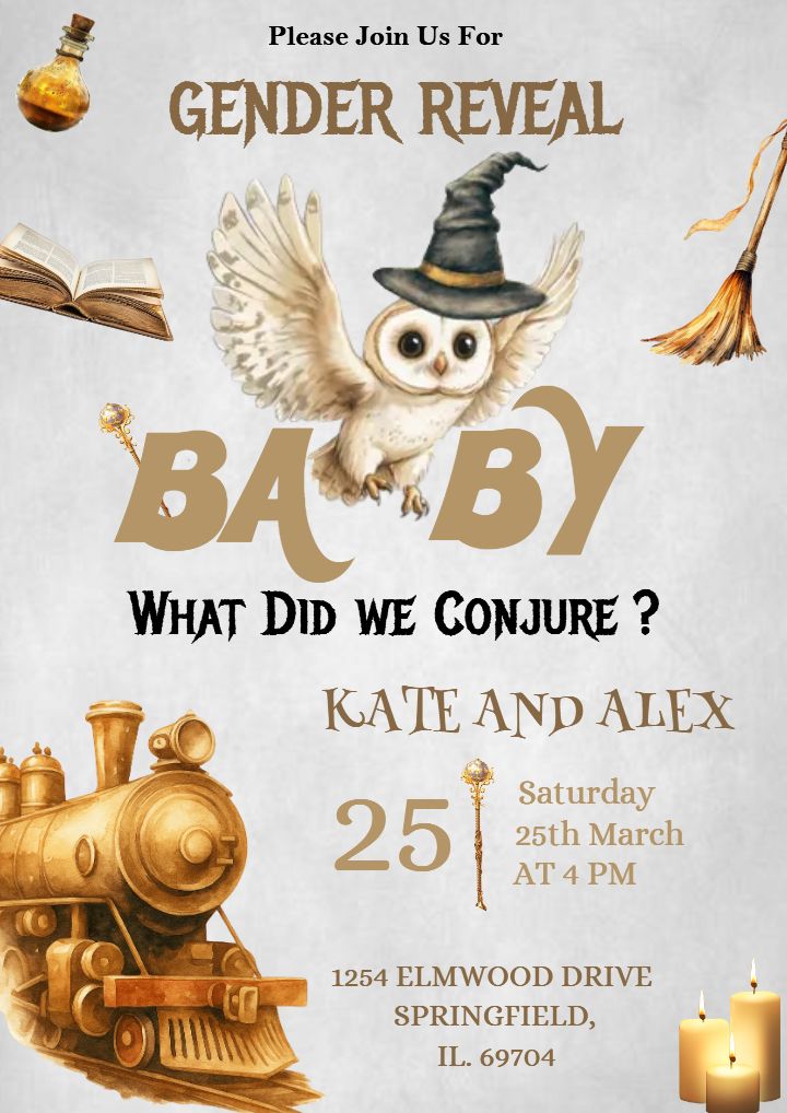 Magical Train and Owl Gender Reveal Invitation