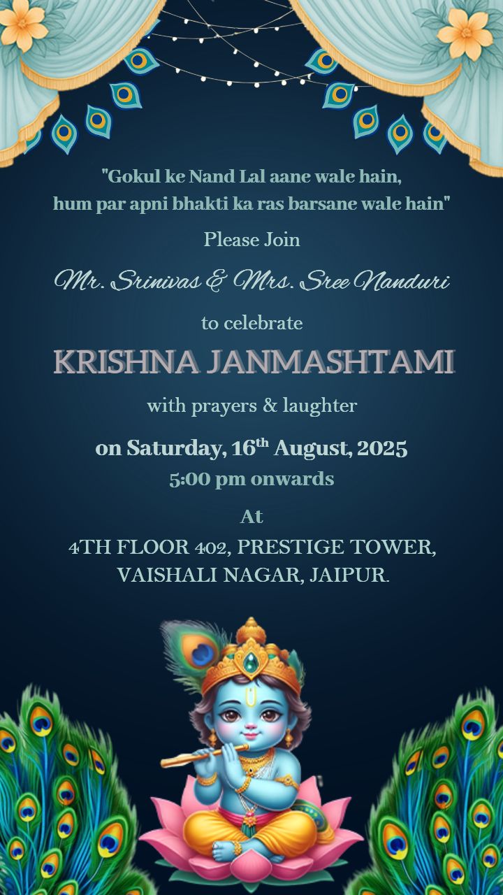Janmashtami Invitation Card Design with Peacock Art