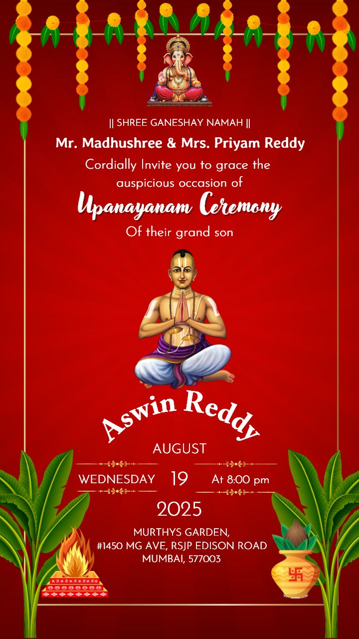 Red-Themed Upanayanam Ceremony Ecard Format