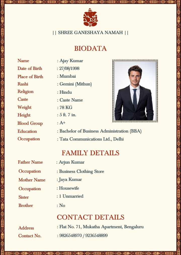 Attractive Marriage Biodata for Male Template