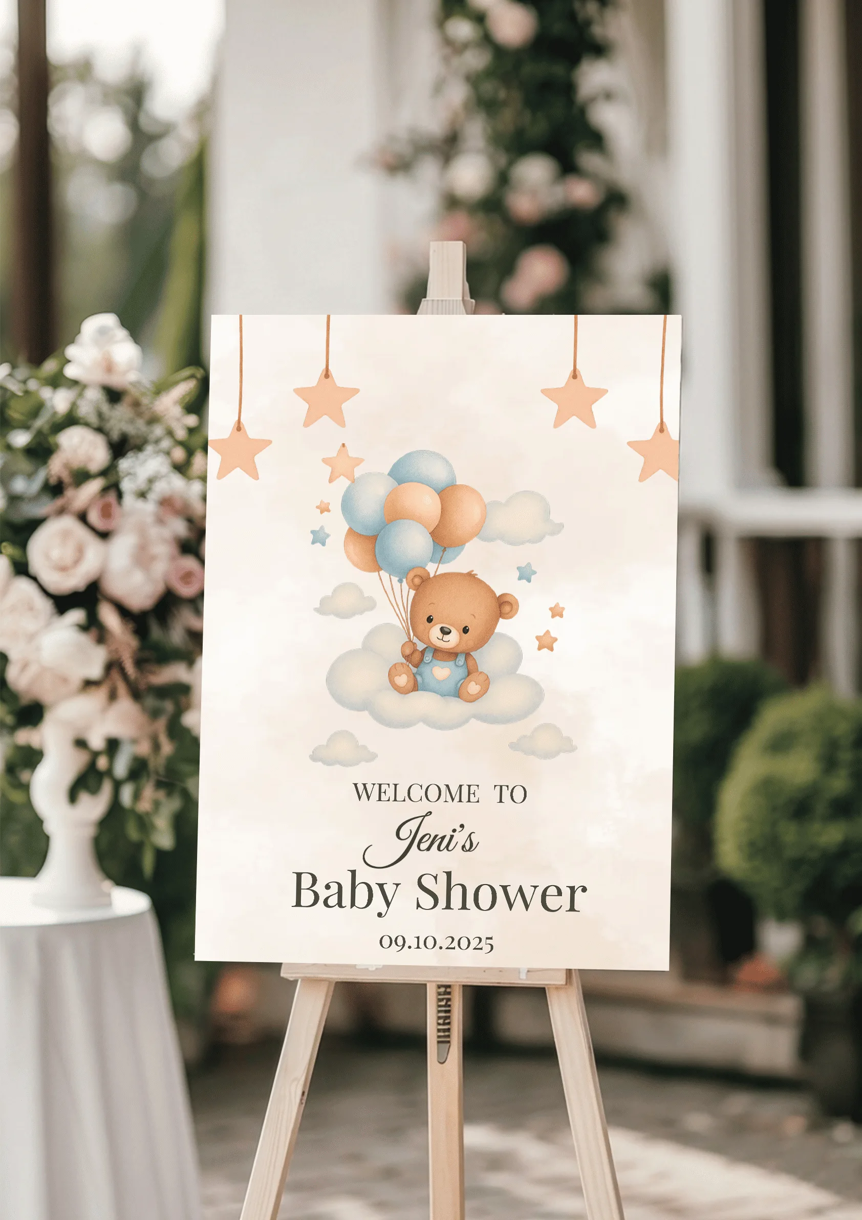 Teddy and Balloons Baby Shower Name Board for Celebration
