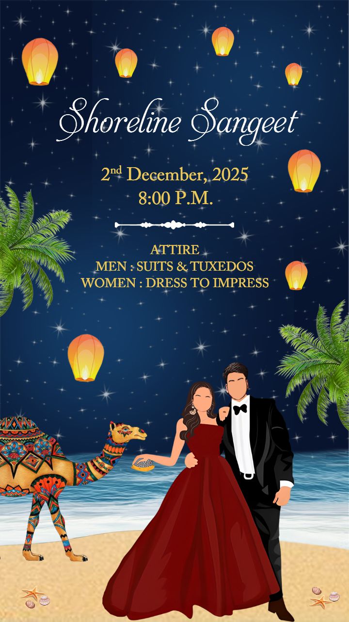 Palm Tree Wedding Invitation Template with Flowers and beach