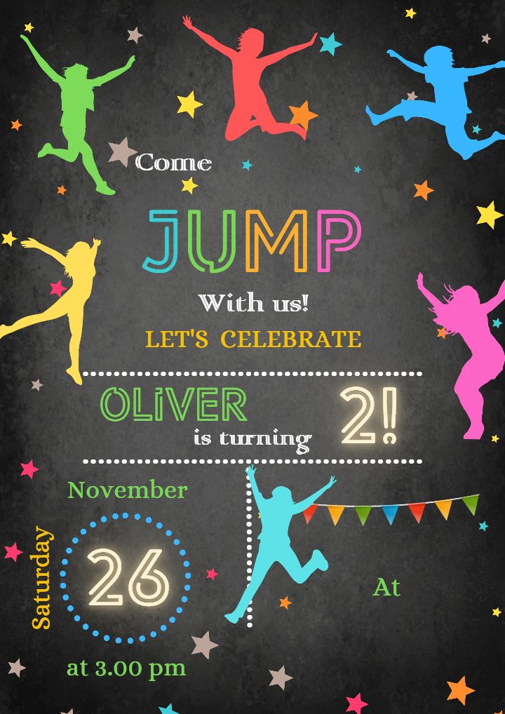 Jump Party Online 2nd Birthday Invitation Party Card for Boys
