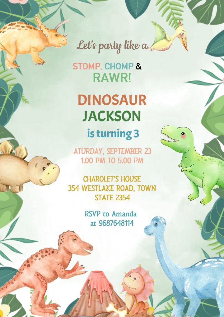 Dinosaur Theme 3rd Birthday Invitation Party Card for Boys