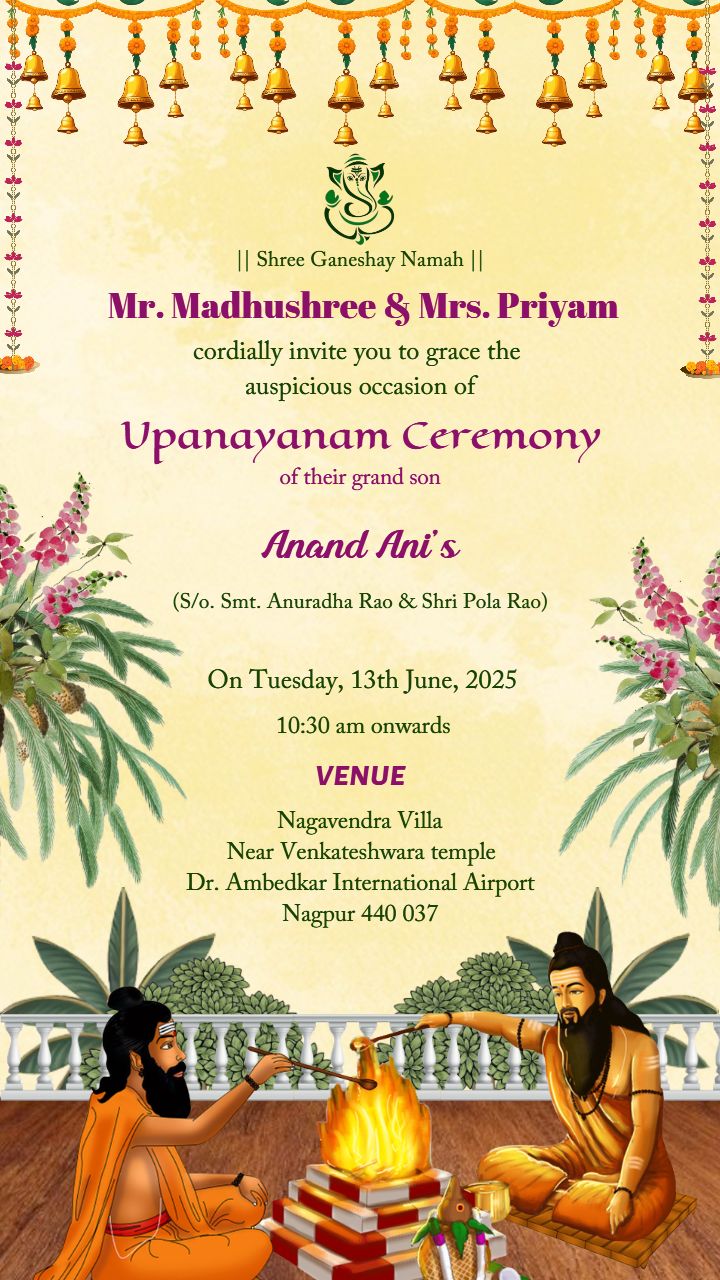 Upanayanam ceremony invitation in English with fire theme
