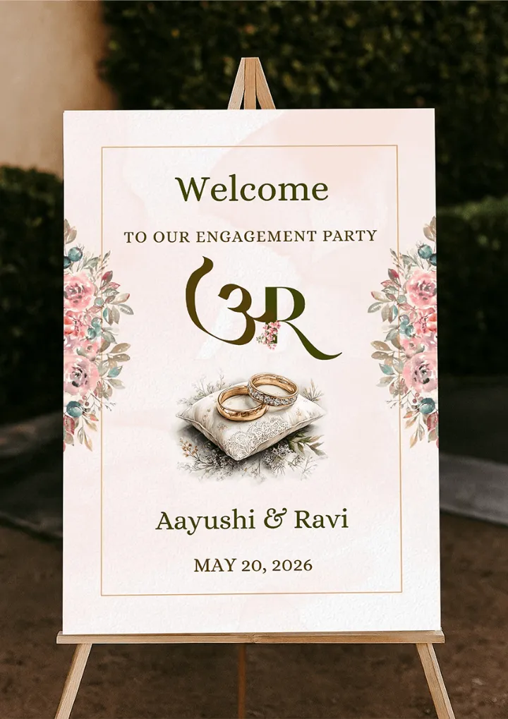 Dreamy Floral Engagement Welcome Board Display Setup